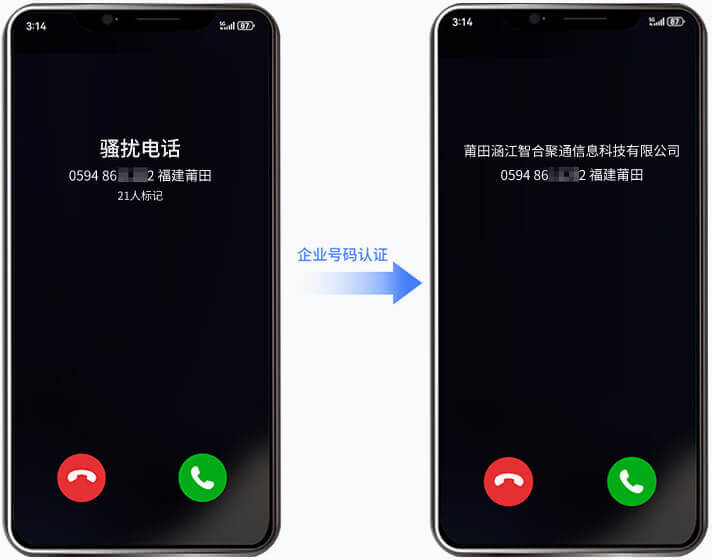 400电话企业认证前后对比效果：陌生号码与骚扰标记对比企业名称LOGO展示